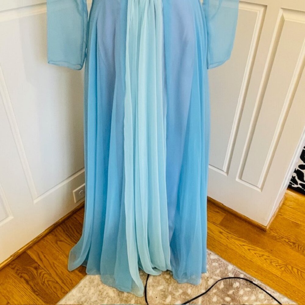 Vintage 70's Grecian Ethereal Chiffon Evening Gown Rhinestone Waist Ice Blue S - Picture 5 of 16